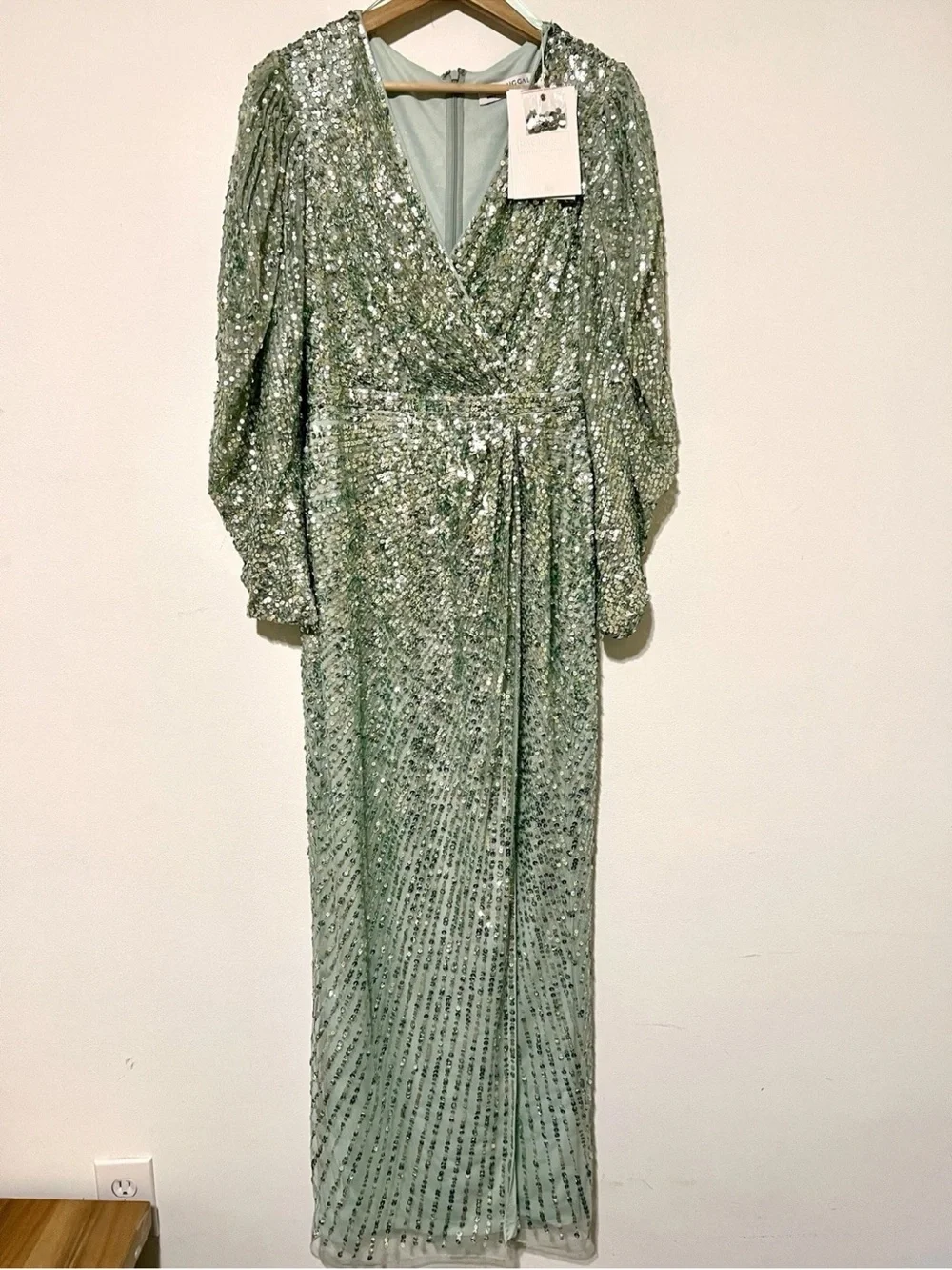 Mac Duggal Seafoam Green Sequin Embellished Faux Wrap Puff Sleeve Gown